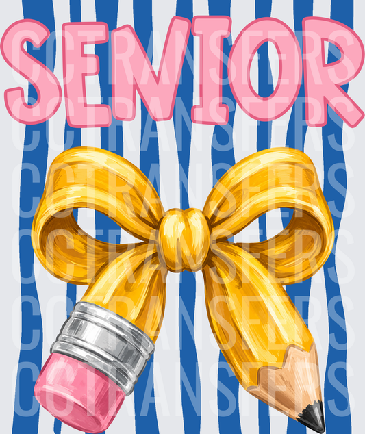 Senior Pencil Gold Bow Blue Stripes (DTF)