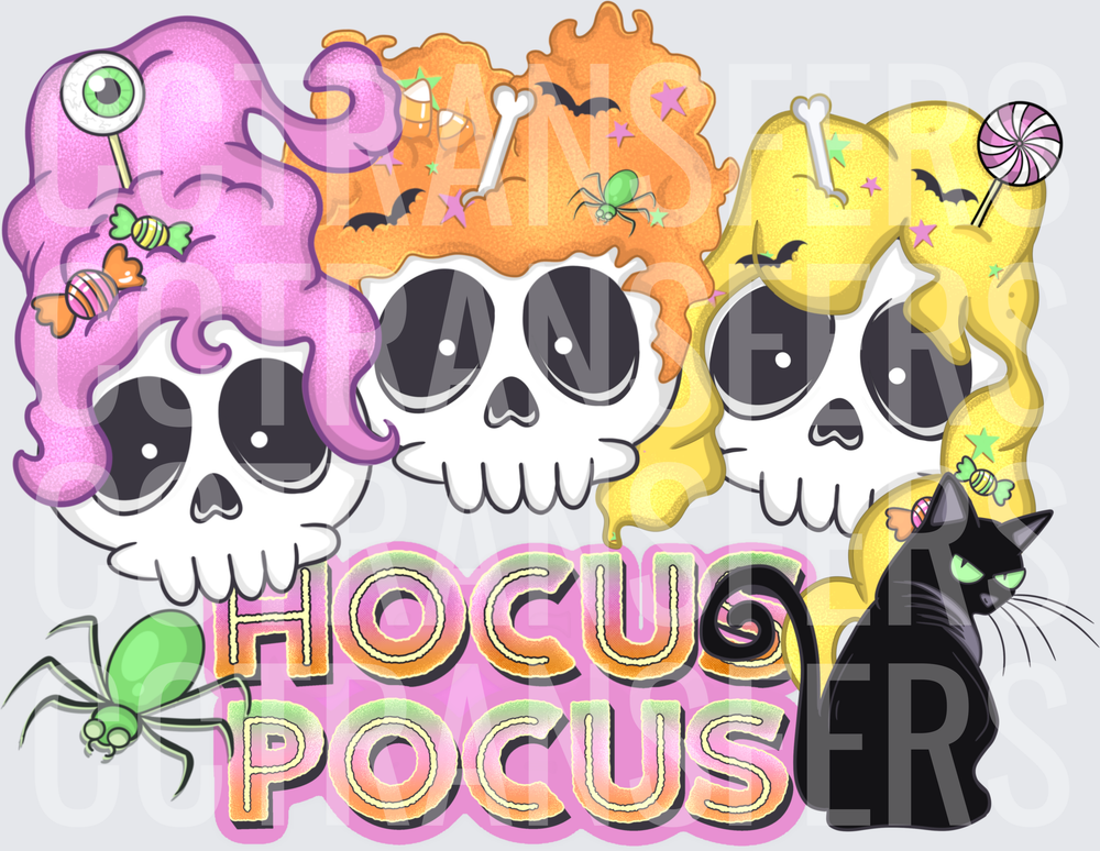 Hocus Pocus Cute Skull Witch Sisters Black Cat Halloween (DTF)