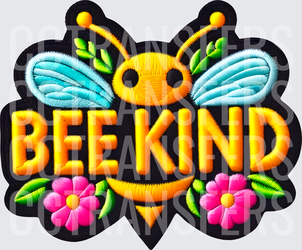 Bee Kind Embroidered Patch Style Bee with Flowers (DTF)