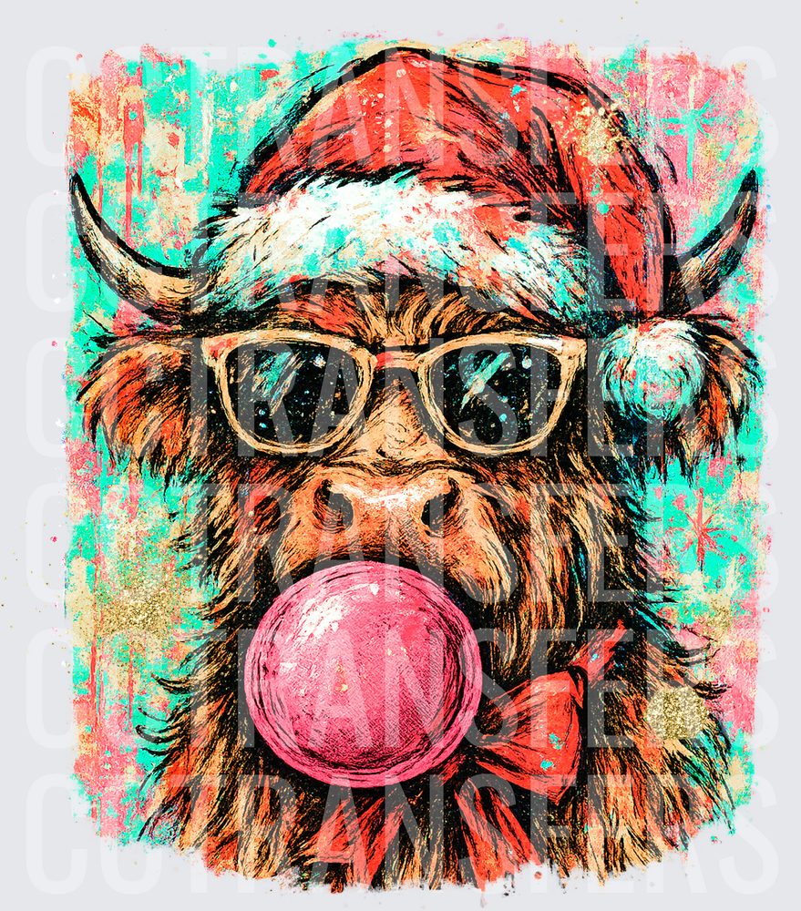 Cool Highland Cow Santa Hat Sunglasses Bubblegum Christmas (DTF)