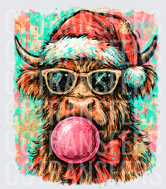 Cool Highland Cow Santa Hat Sunglasses Bubblegum Christmas (DTF)