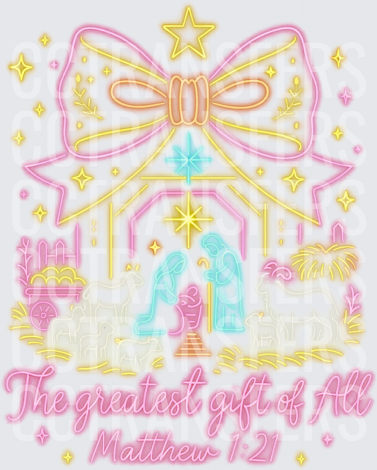 Neon Nativity Greatest Gift of All Matthew 1:21 Bow (DTF)
