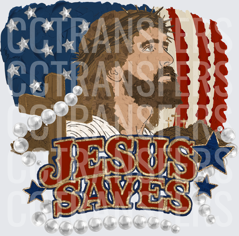 Jesus Saves Patriotic Crown of Thorns Cross Pearl Design (DTF)