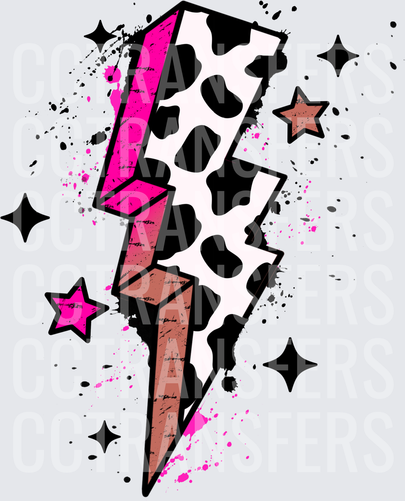 Cow Print Lightning Bolt Pink Splatter Stars (DTF)
