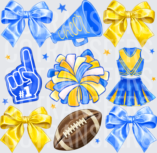 Blue & Gold Cheer Spirit Bundle Bows Poms Football (DTF)