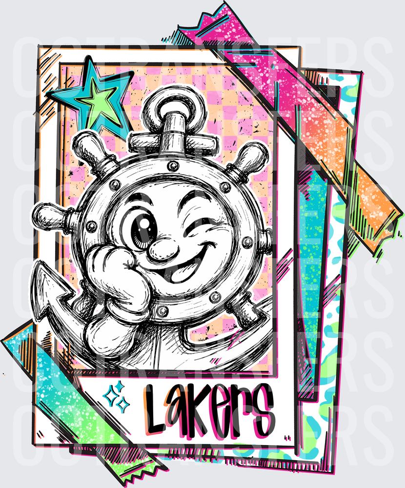 Lakers Cartoon Ship Wheel Mascot Retro Card (DTF)