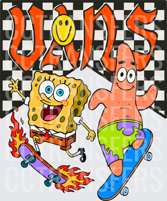 Cartoon Sea Pals Skateboarding with Flames Checkered (DTF)
