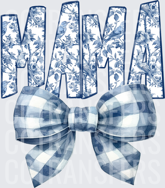 Mama Blue Toile Floral Letters Gingham Bow (DTF)