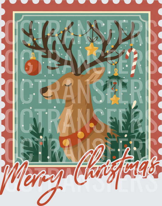 Merry Christmas Vintage Stamp Reindeer With Ornaments (DTF)