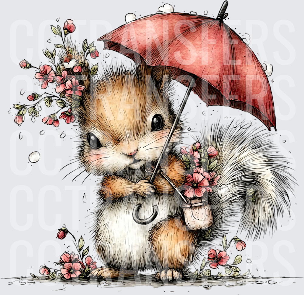 Whimsical Squirrel with Red Umbrella and Pink Flowers (DTF)