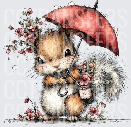 Whimsical Squirrel with Red Umbrella and Pink Flowers (DTF)