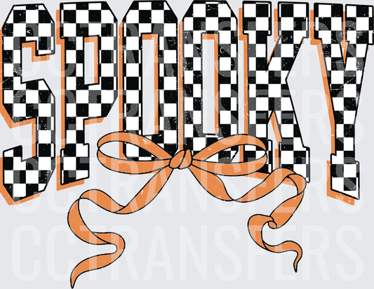 Spooky Black White Checkered Letters Orange Bow (DTF)
