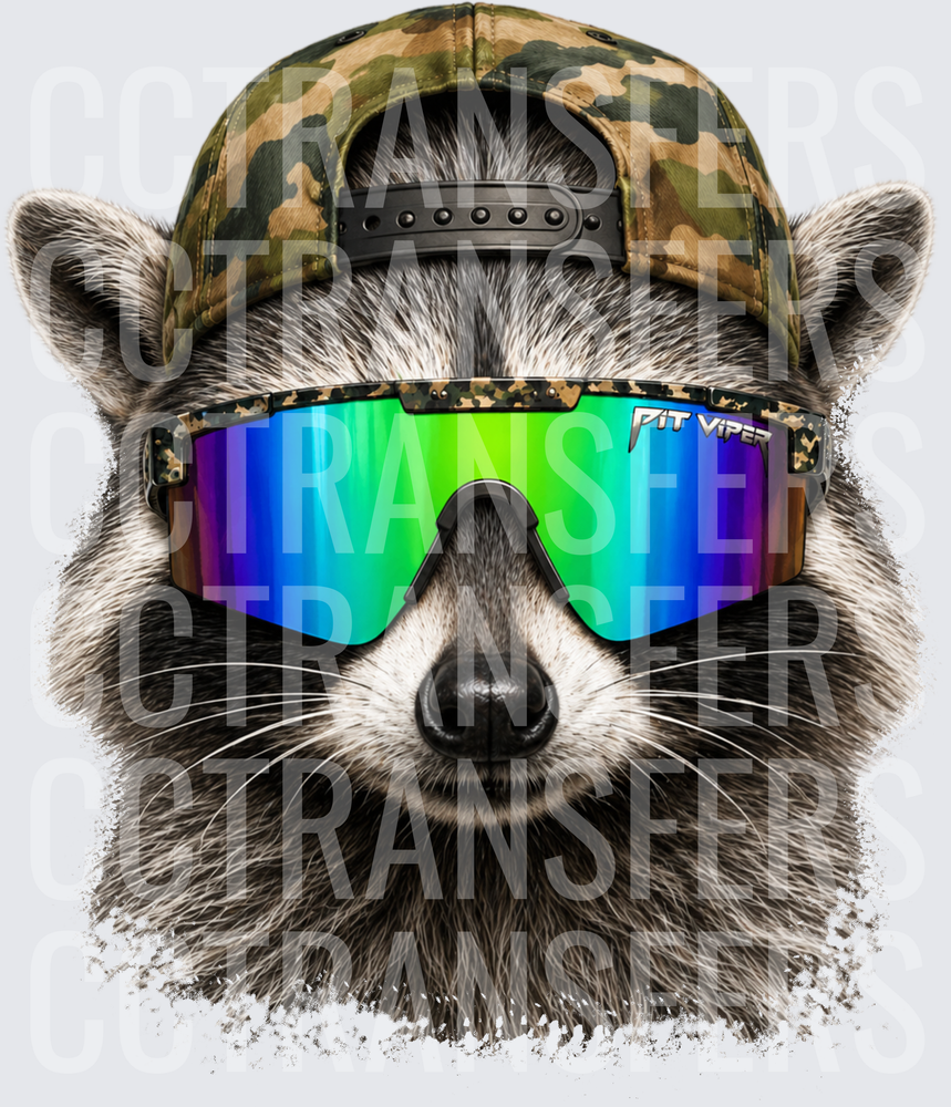 Raccoon Wearing Camo Snapback & Rainbow Shield Sunglasses (DTF)