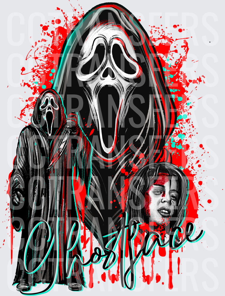 Ghostface Horror Mask Killer Blood Splatter Collage (DTF)