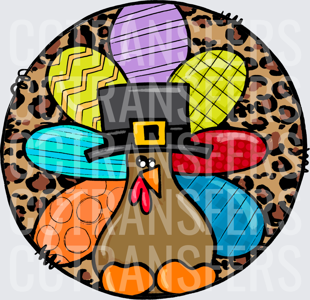 Thanksgiving Turkey Pilgrim Hat Colorful Feathers Leopard (DTF)
