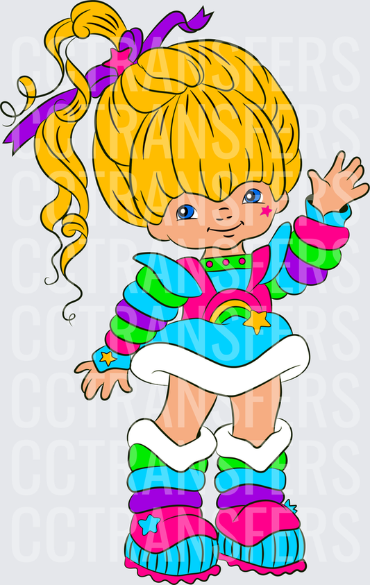 Retro Cartoon Girl Rainbow Outfit Waving Purple Bow (DTF)