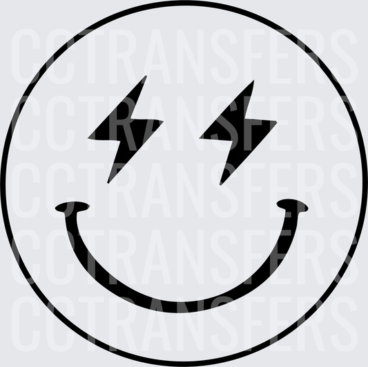 Black and White Lightning Bolt Eyes Smiley Face (DTF)