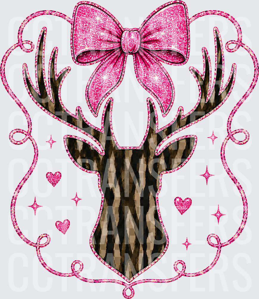 Glitter Pink Bow Deer Head with Hearts and Sparkles (DTF)