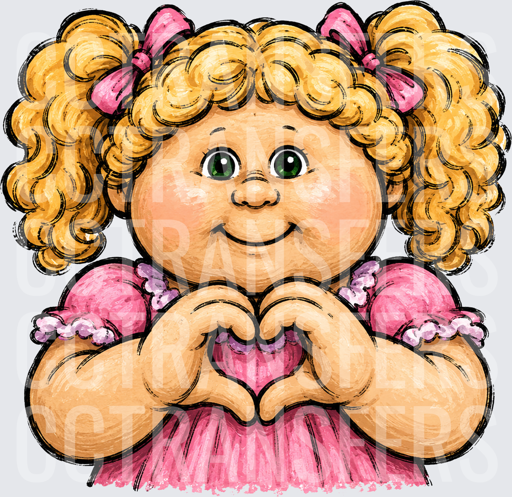 Curly Blonde Doll Making Heart Hands Pink Dress (DTF)