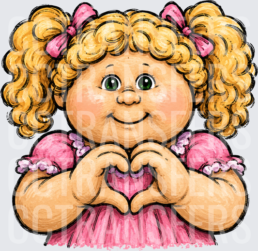 Curly Blonde Doll Making Heart Hands Pink Dress (DTF)