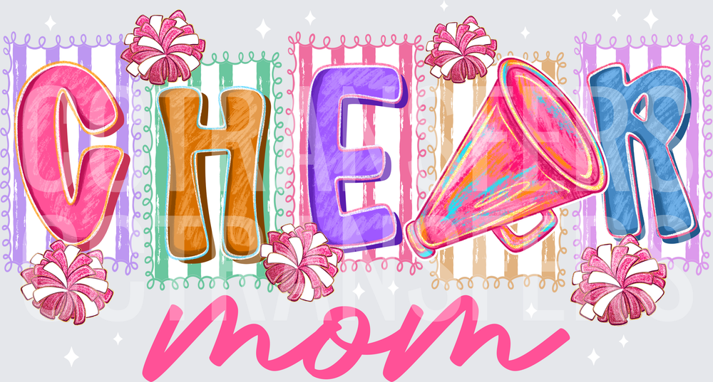 Cheer Mom Colorful Block Letters Pom Poms Megaphone (DTF)