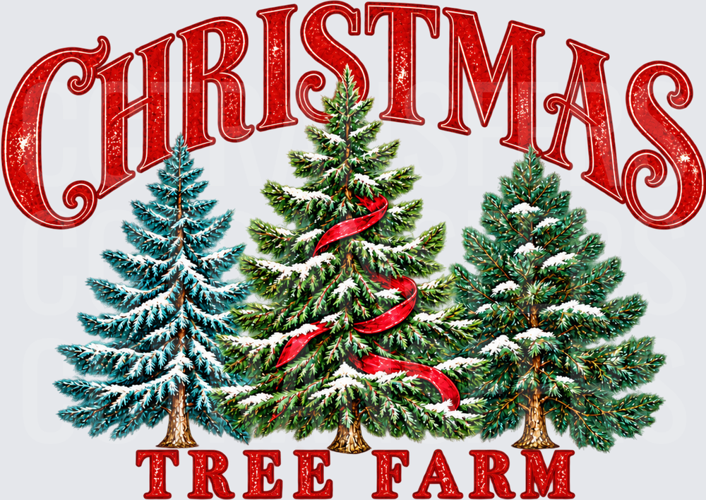 Christmas Tree Farm Snow-Covered Pines Red Ribbon (DTF)