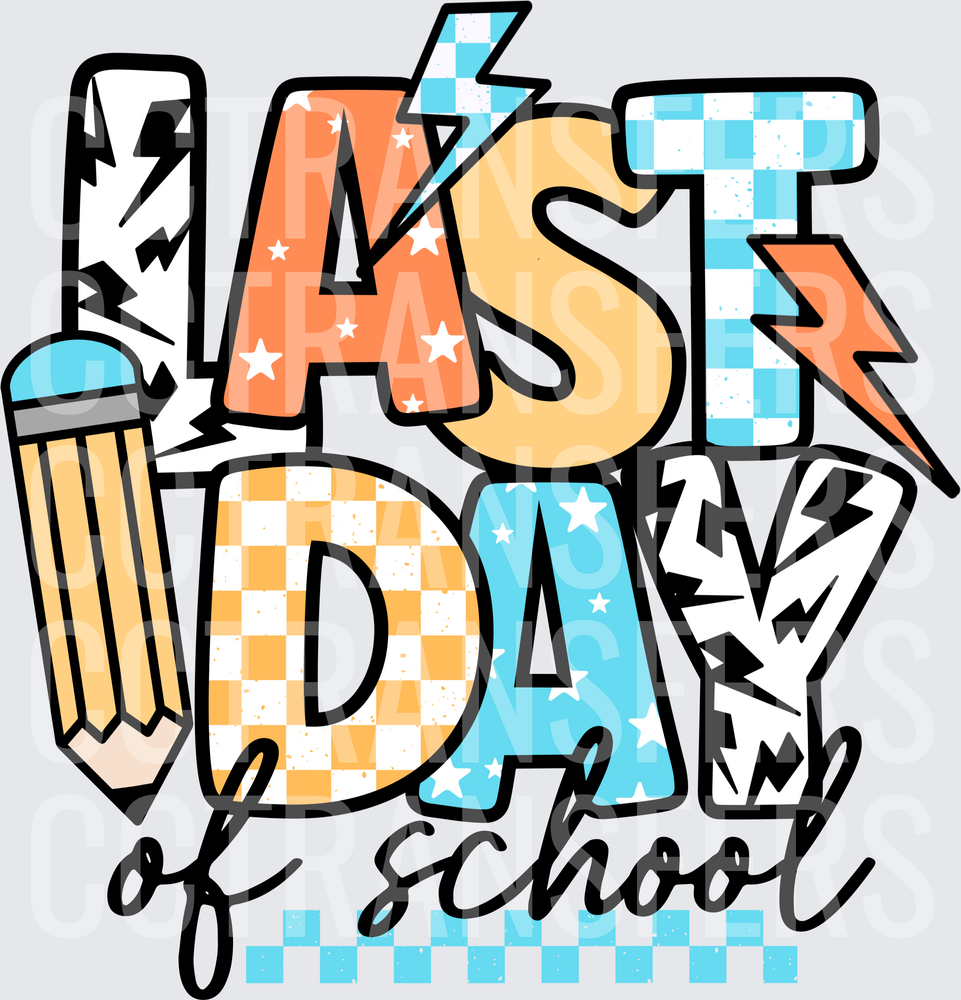 Last Day of School Retro Checkered Pencil Lightning (DTF)