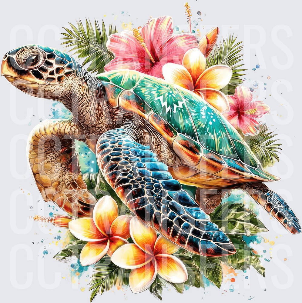 Colorful Sea Turtle with Tropical Hibiscus & Plumeria (DTF)