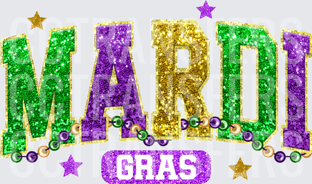 Glitter Mardi Gras Beads Stars Purple Green Gold (DTF)