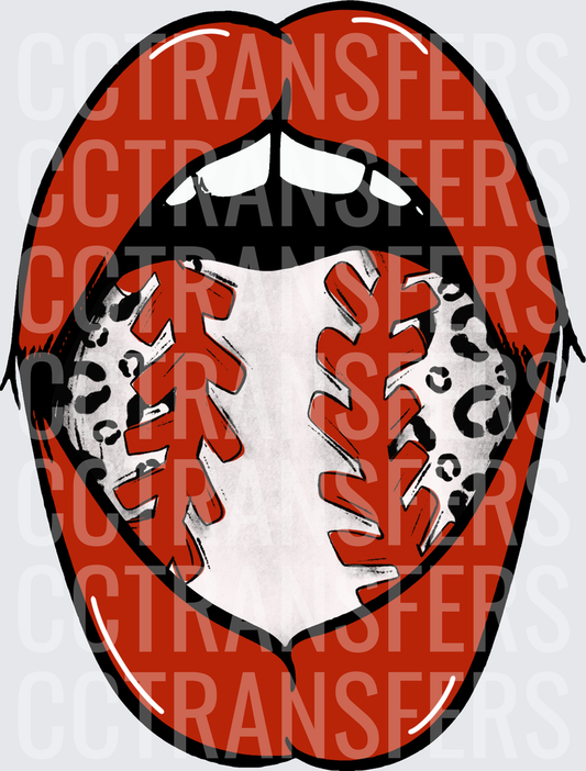 Bold Red Lips with Leopard Print Baseball Tongue (DTF)