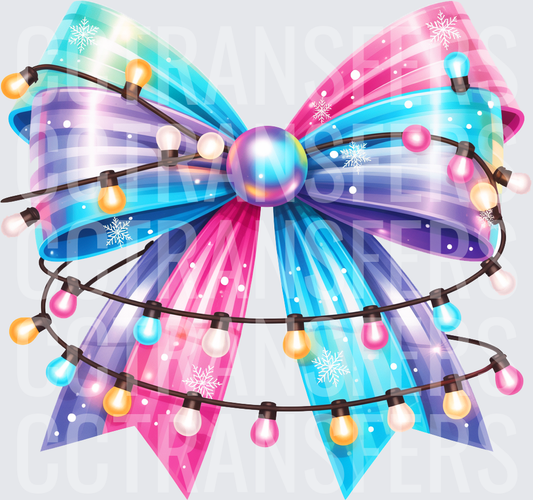 Rainbow Holographic Bow with Christmas Light String (DTF)