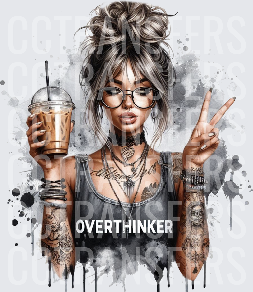 Overthinker Tattooed Woman Iced Coffee Peace Sign (DTF)