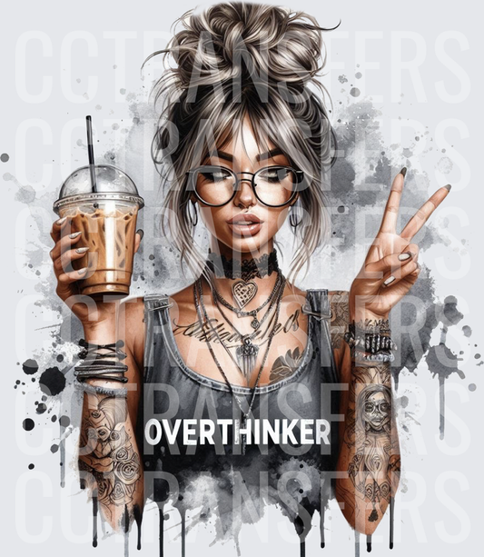 Overthinker Tattooed Woman Iced Coffee Peace Sign (DTF)