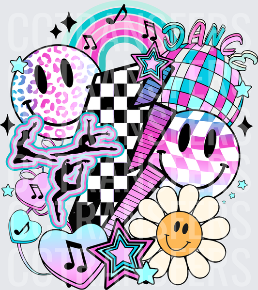 Dance Disco Ball Retro Smiley Face Collage (DTF)