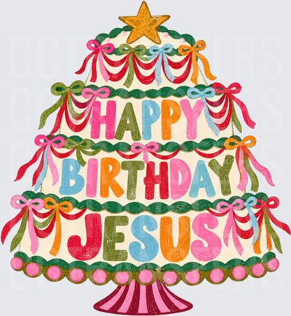 Happy Birthday Jesus Christmas Tree Cake with Bows (DTF)