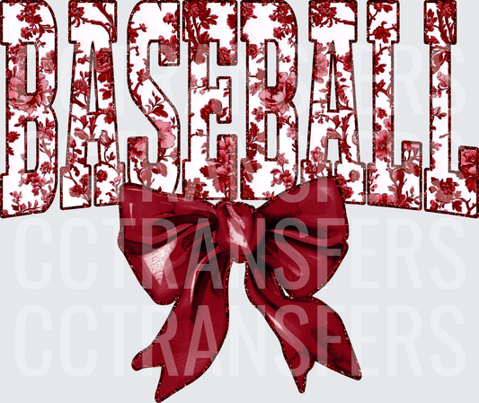 Baseball Floral Crimson Bow Glitter Block Letters (DTF)