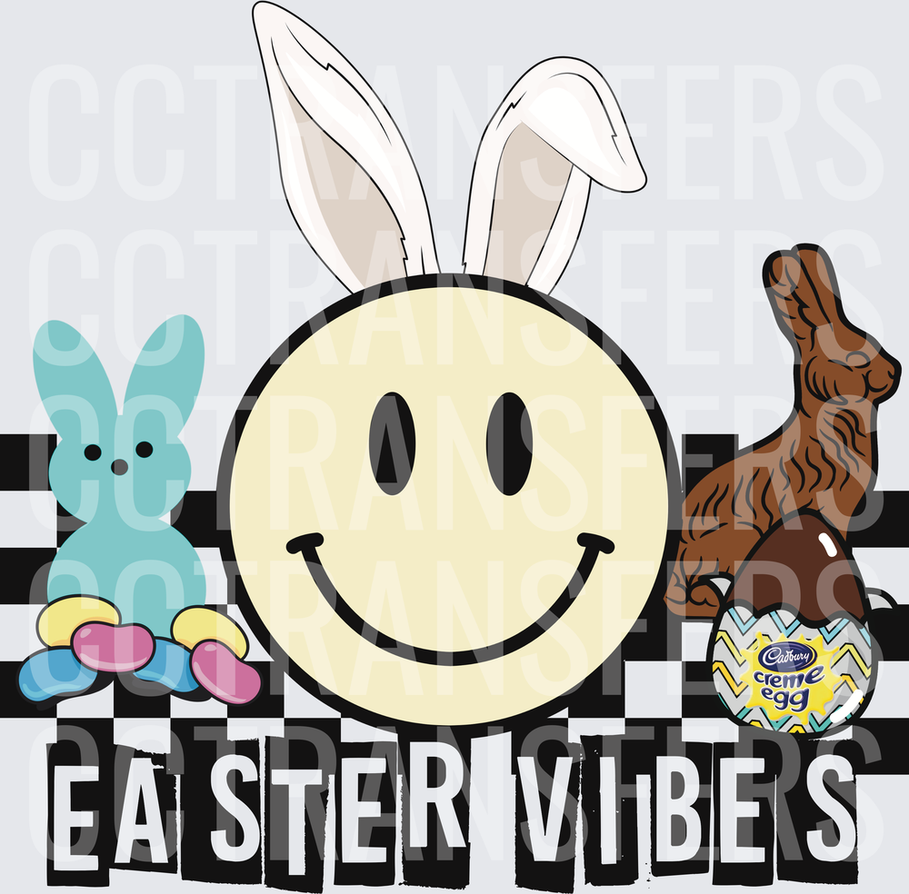 Easter Vibes Smiley Face Bunny Ears Checkered (DTF)