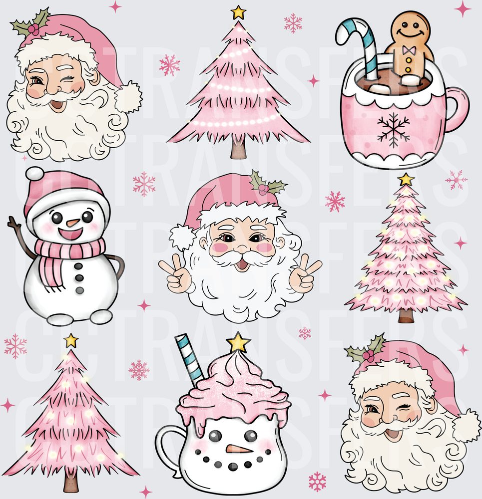 Pink Christmas Bundle Santa Snowman Trees Hot Cocoa (DTF)
