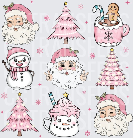Pink Christmas Bundle Santa Snowman Trees Hot Cocoa (DTF)