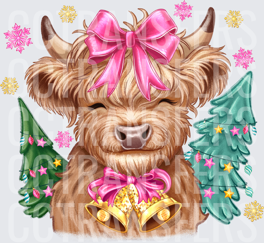 Fluffy Highland Cow Pink Bow Christmas Bells Trees (DTF)