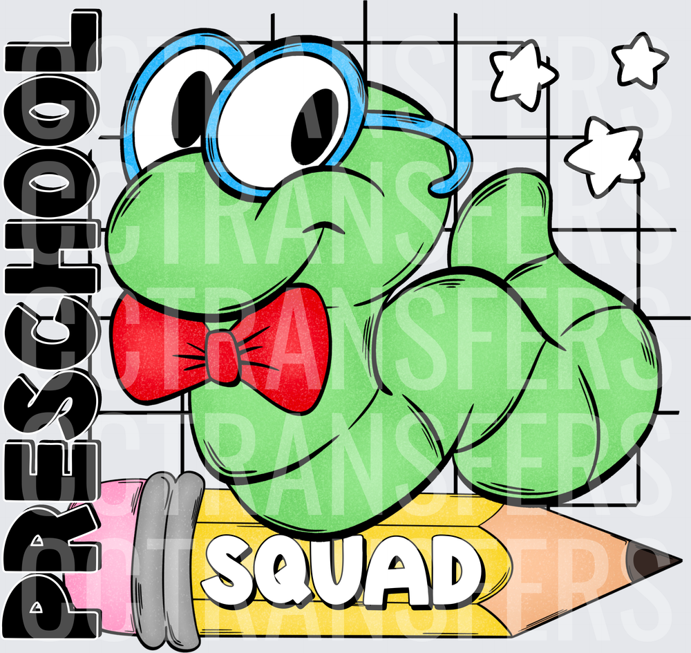 Preschool Squad Cute Green Bookworm Glasses Bow Tie Pencil (DTF)