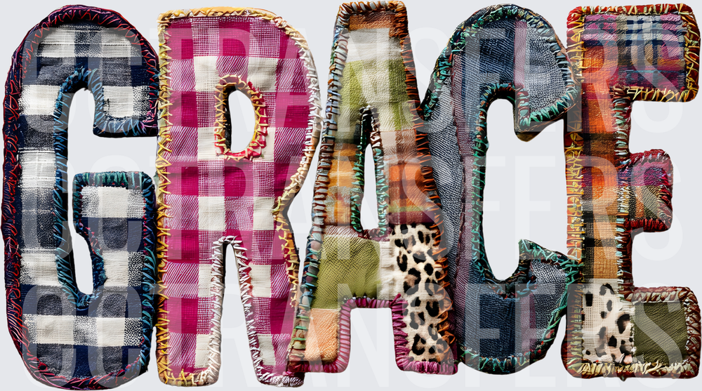 Patchwork Fabric Name GRACE Faux Embroidery Letters (DTF)