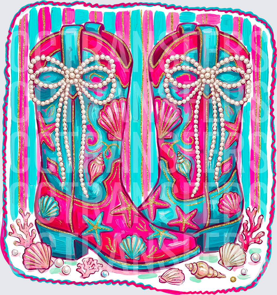 Hot Pink Teal Cowboy Boots Pearl Bows Seashells Coastal (DTF)