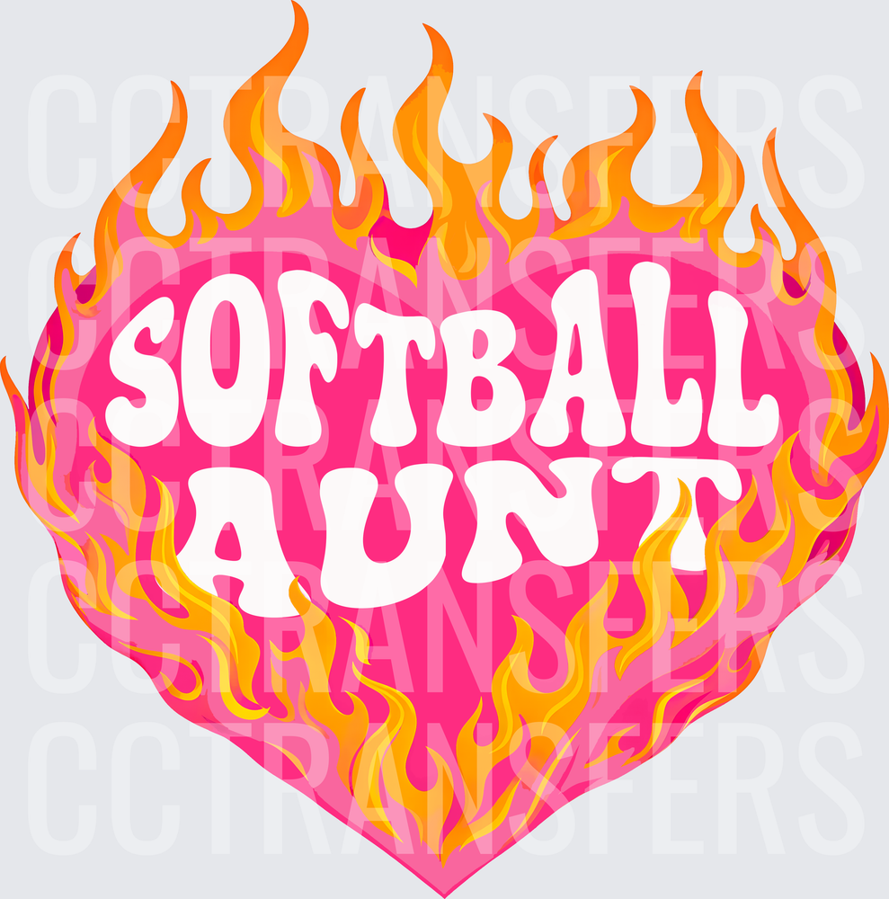Softball Aunt Flaming Pink Heart Retro Groovy (DTF)