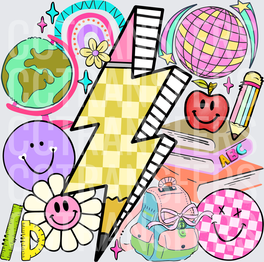 Retro Groovy Back to School Checkerboard Lightning Bolt (DTF)