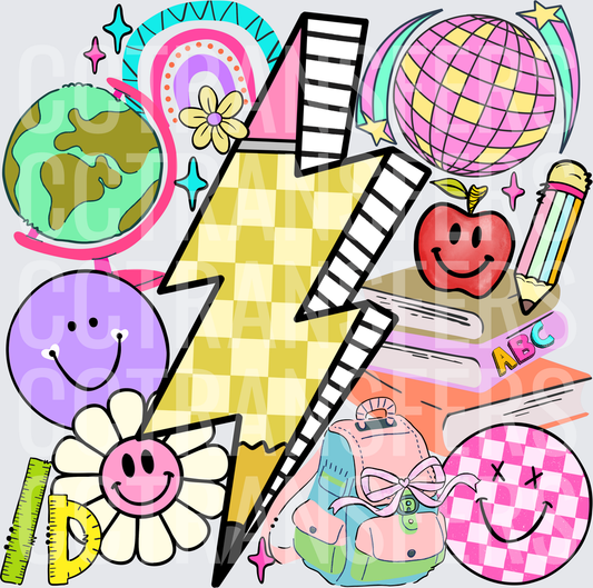 Retro Groovy Back to School Checkerboard Lightning Bolt (DTF)