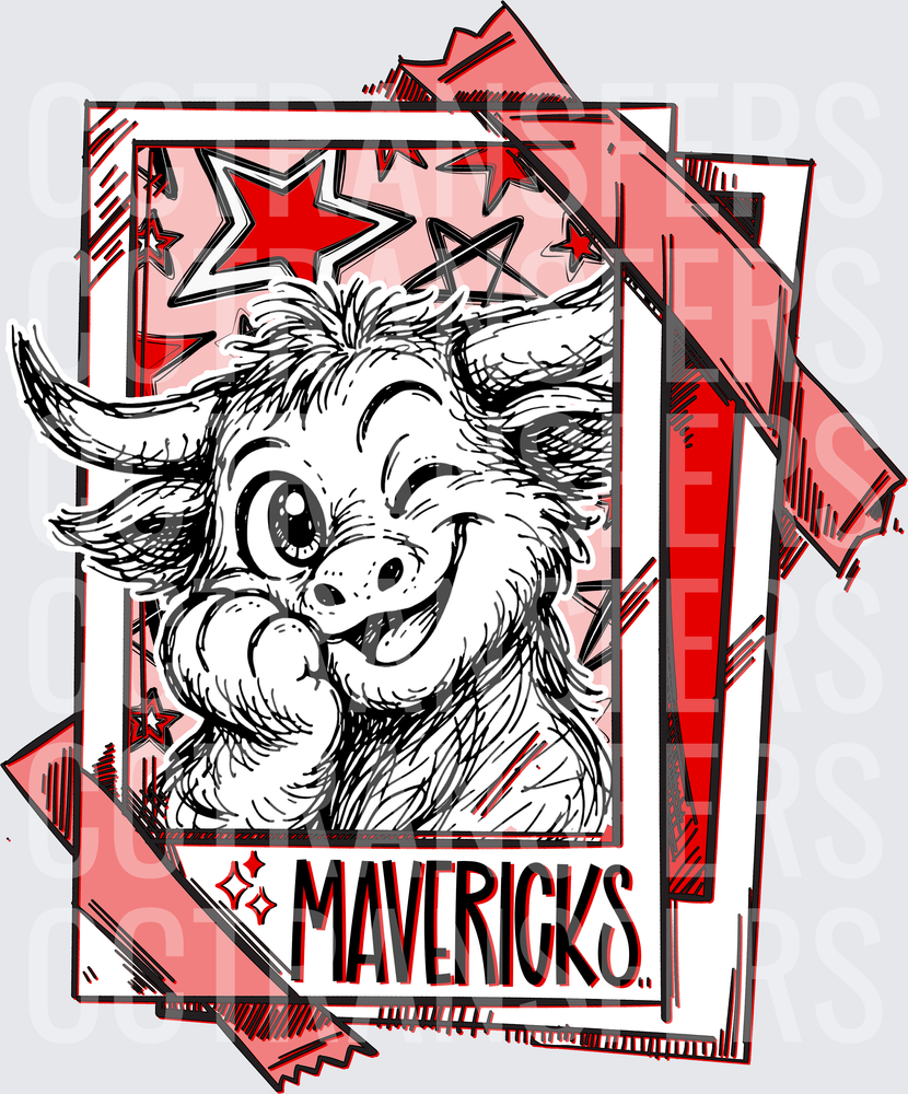 Mavericks Fuzzy Bull Mascot Winking Sketch Red Stars (DTF)