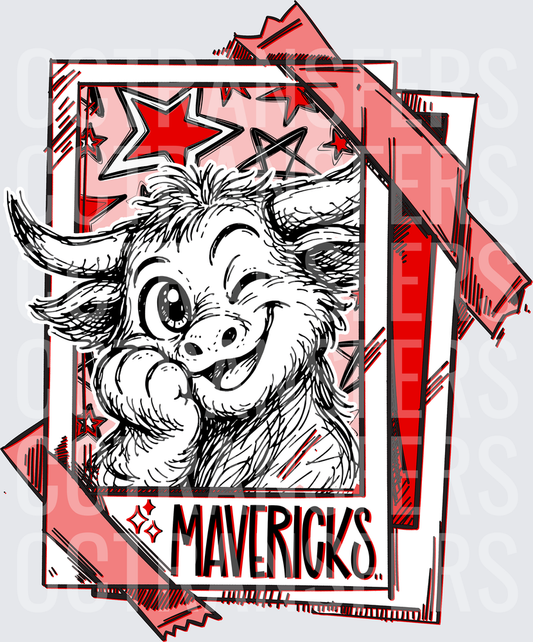 Mavericks Fuzzy Bull Mascot Winking Sketch Red Stars (DTF)
