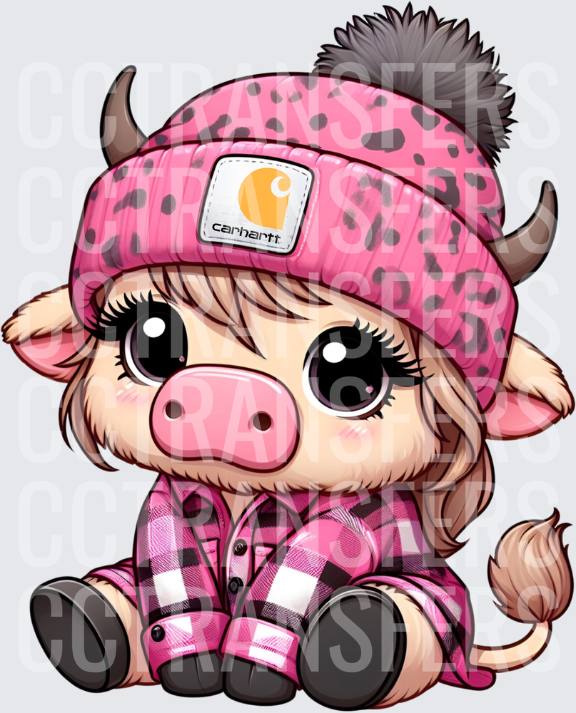 Cute Baby Highland Cow Pink Plaid Outfit Leopard Beanie (DTF)