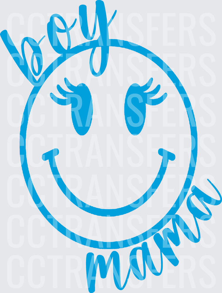 Boy Mama Smiley Face with Lashes Blue Script (DTF)